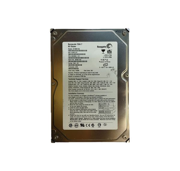 ST380013A Seagate 80GB 7200RPM ATA-100 8MB Cache 3.5-inch Hard Drive