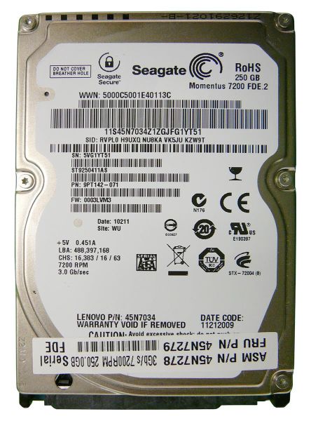 ST9250411AS Seagate Momentus FDE 250GB 7200RPM SATA 3Gb/s 16MB Cache 2.5-inch Hard Drive