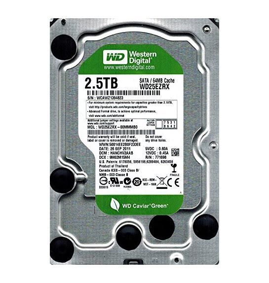 WD25EZRX Western Digital Caviar Green 2.5TB 5400RPM SATA 6Gb/s 64MB Cache 3.5-inch Hard Drive