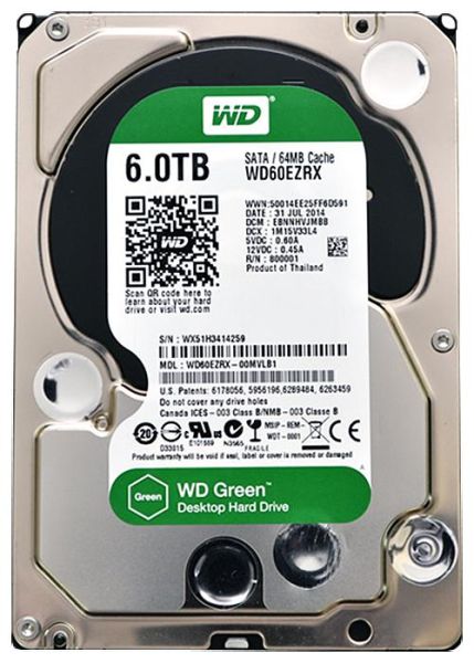 WD60EZRX Western Digital Green 6TB 5400RPM SATA 6Gb/s 64MB Cache 3.5-inch Hard Drive
