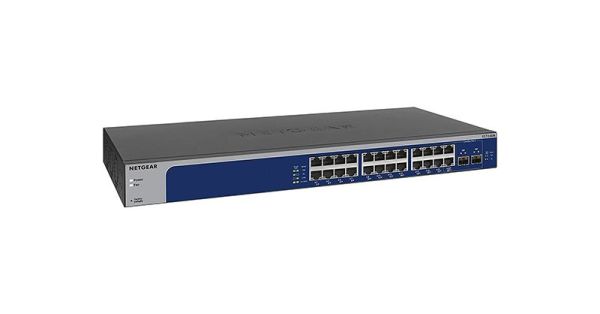 XS724EM-100EUS Netgear XS724EM 24 x Ports 10GBase-T + 2 x Ports Shared SFP+ Layer 3 Managed 1U Rack-mountable Multi-Gigabit Ethernet Network Switch
